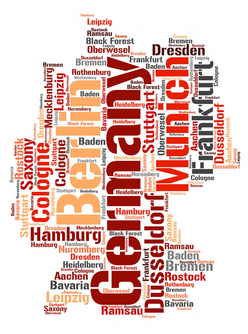 白色背景前德国旅游地名单词