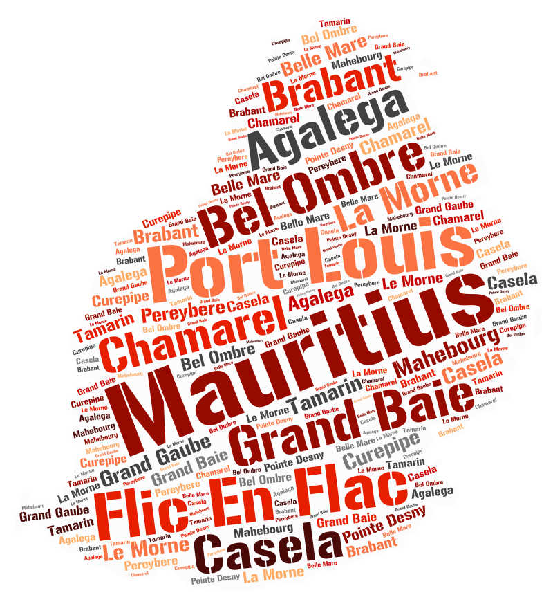 白色背景前毛里求斯旅游地名单词