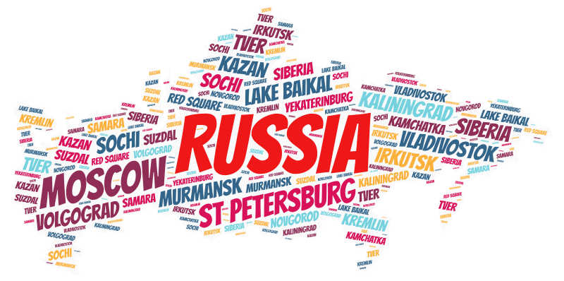 白色背景前俄罗斯旅游地名单词