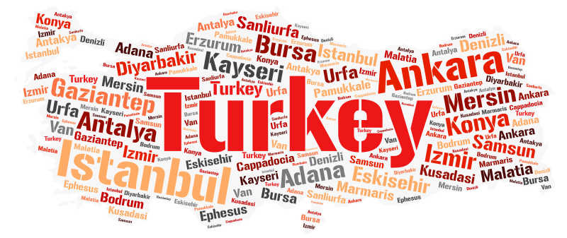 白色背景前土耳其旅游地名单词