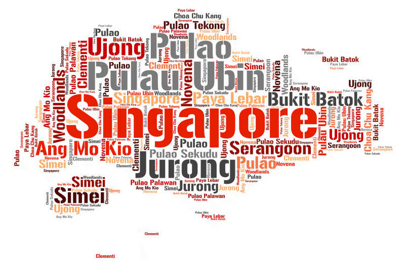 白色背景前新加坡旅游地名单词