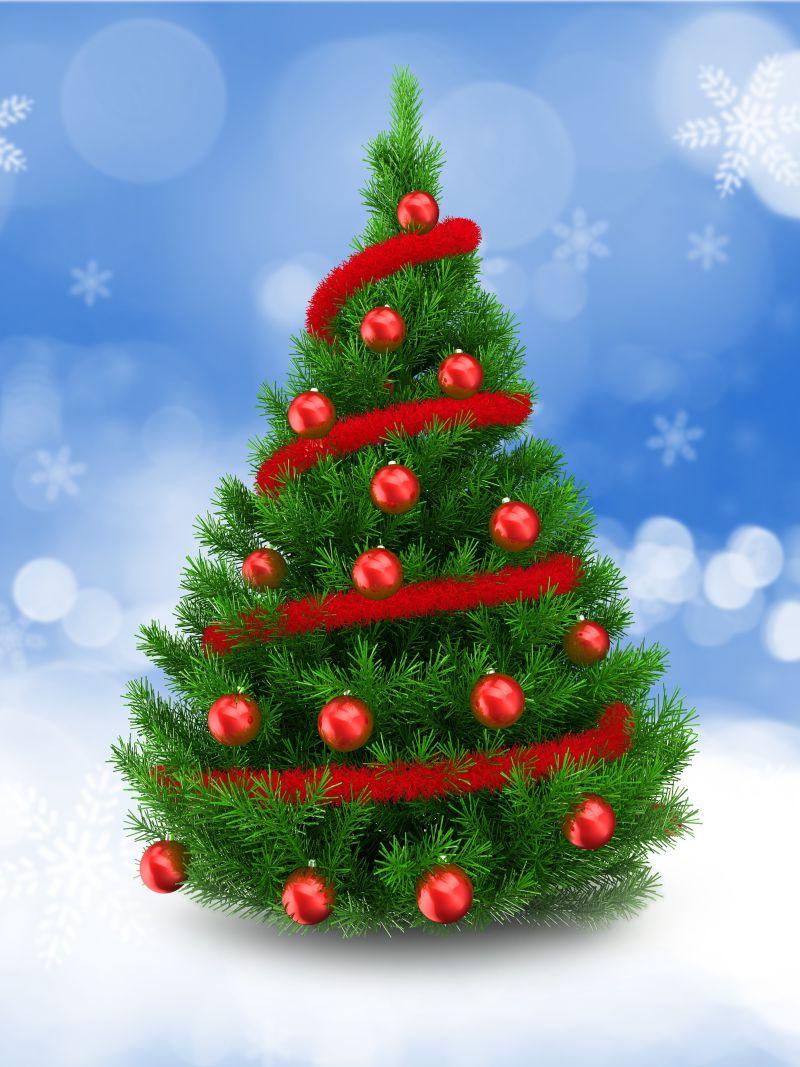天蓝色背景下红色绳和球围绕的圣诞树三维立体设计