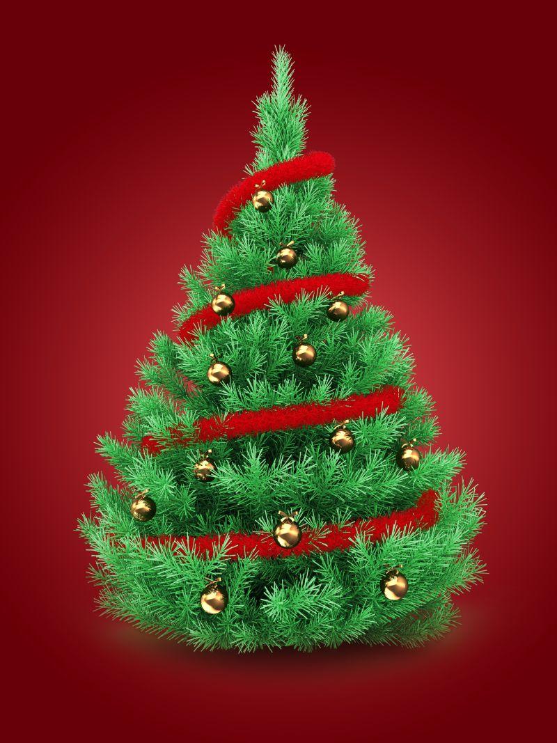 红色背景下绿色的美丽的圣诞树创意