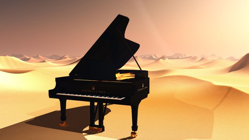 沙漠里的钢琴插画
