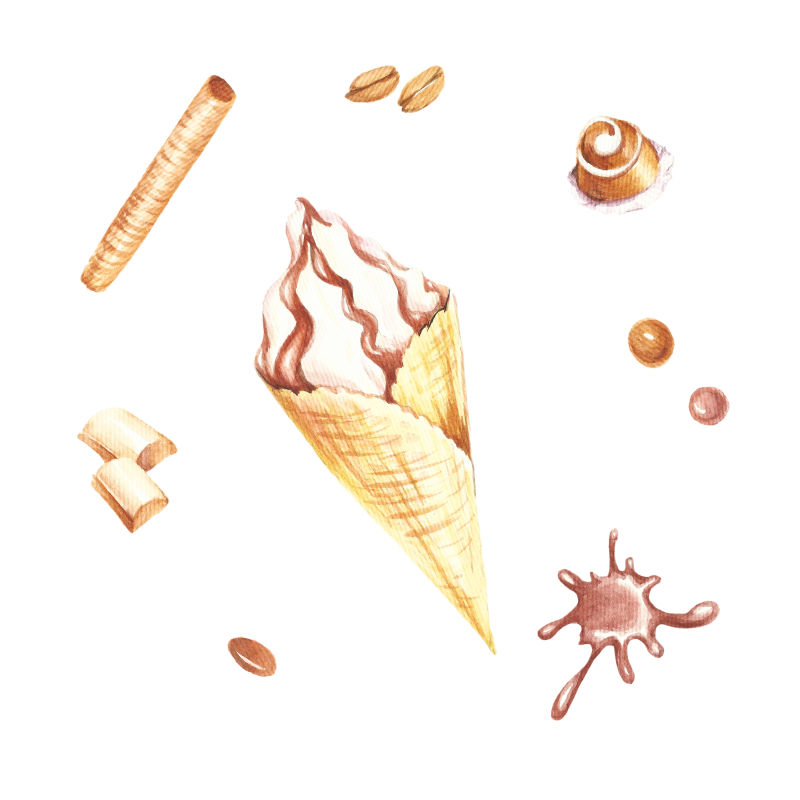 冰淇淋与巧克力水彩插画
