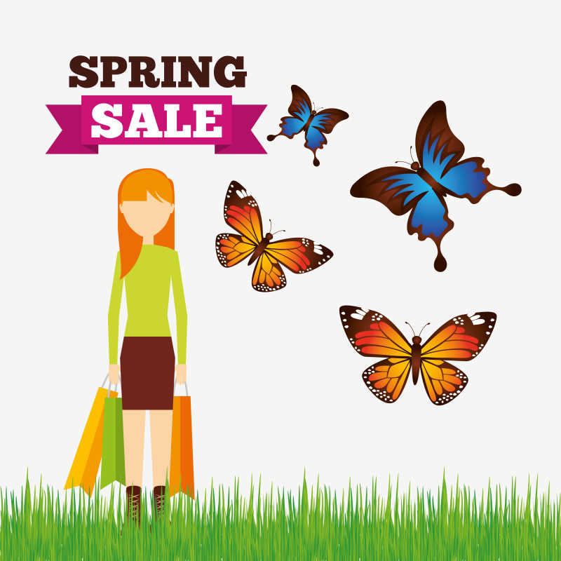 女人和蝴蝶矢量春季销售设计插图