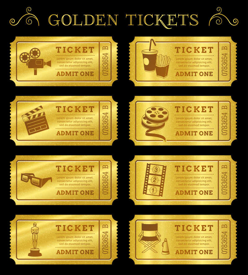 黄金矢量电影票和优惠券模板
