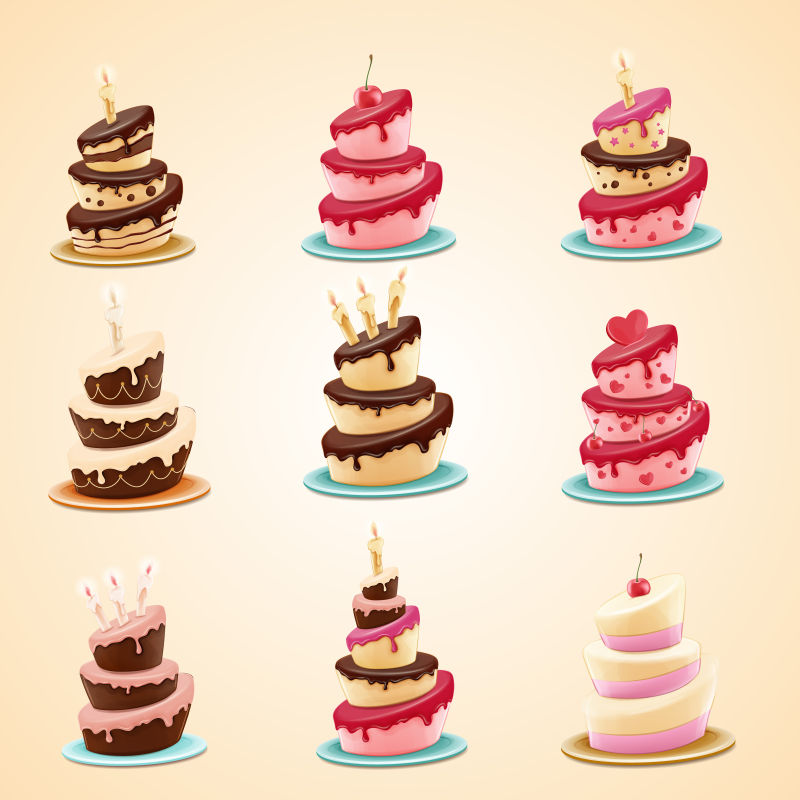 不同品种的蛋糕图标设计矢量插图